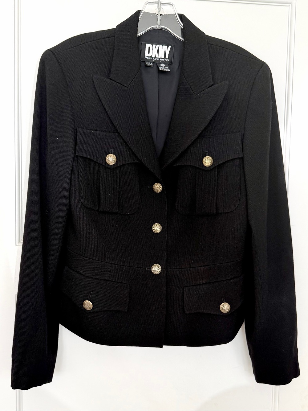 Vintage DKNY Black Wool Military-Style Blazer with Gold Buttons